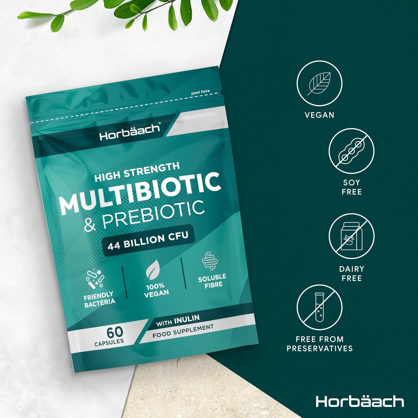Horbäach Probiotics & Prebiotics 44 Billion CFU | Bio Cultures Complex Multi-Strain Formula with Inulin | 60 Vegan Capsules | by Horbaach