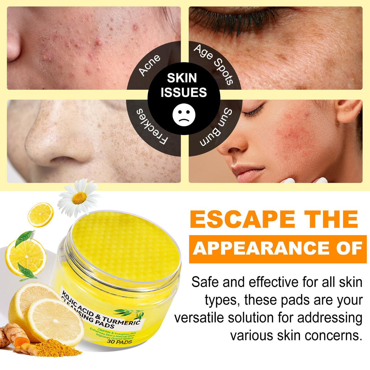 Generic Kojic Acid and Turmeric Pads,Turmeric kojic Acid Pads for Face, Turmeric and Kojic Acid Cleansing Pads,Turmeric Cleansing Pads for Dark spots, Exfoliating, Acne Scars (30 PCS)