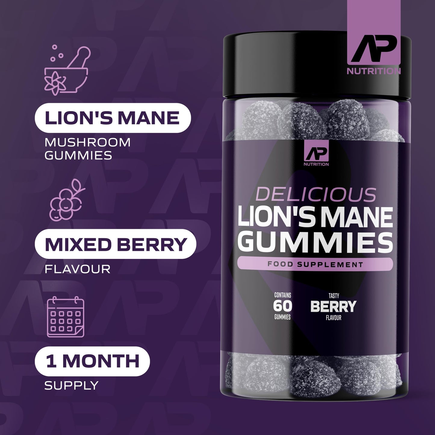 AP Nutrition Lions Mane Gummies - 1000mg Lions Mane Mushroom Gummies - Delicious Mixed Berry Flavour Mushroom Supplement (60 Vegan Gummies)