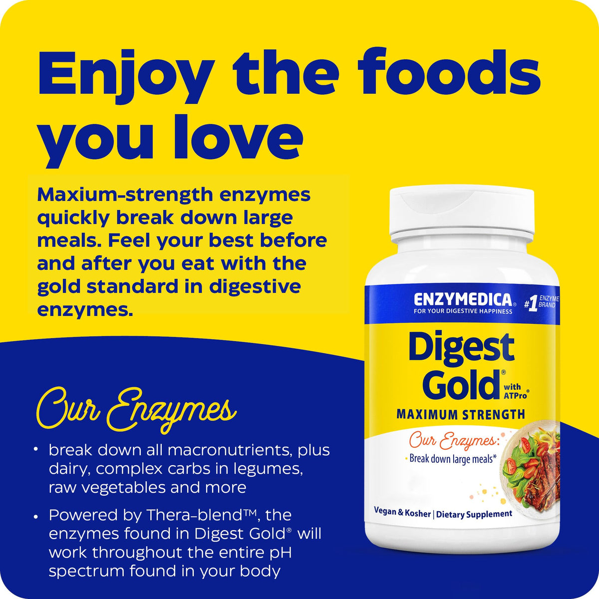 Enzymedica Digest Gold, High Potency Digestive Enzymes with ATPro, Supports Digestion of Fats, Protein, Carbs and Fibre, Helps with Occasional Bloating, 90 Vegan Capsules, Gluten Free, Non-GMO