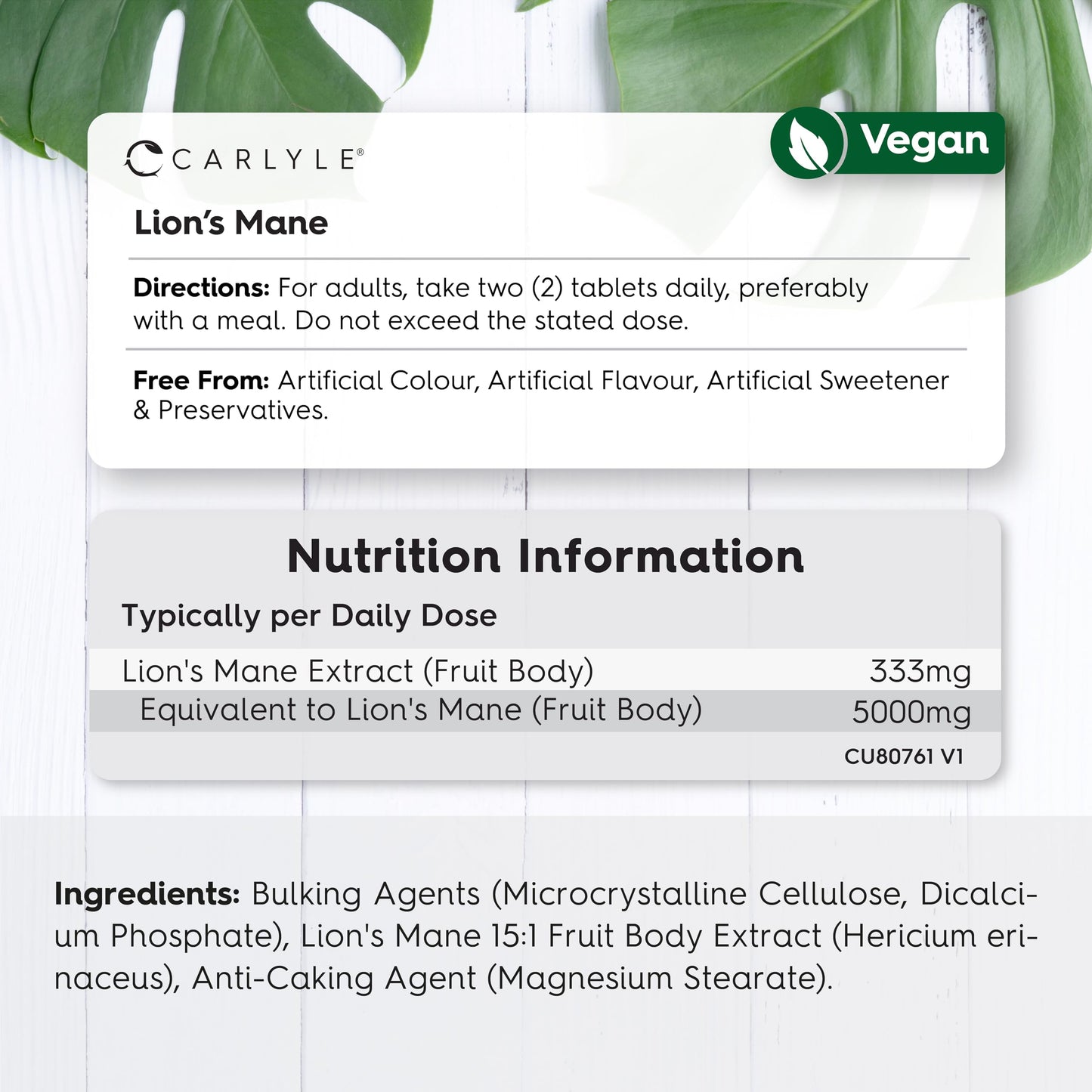 Lions Mane Supplement High Strength | 5000mg Lions Mane Supplement | from Fruit Body | 180 Vegan Tablets | Mushroom Extract | by Carlyle