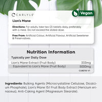 Lions Mane Supplement High Strength | 5000mg Lions Mane Supplement | from Fruit Body | 180 Vegan Tablets | Mushroom Extract | by Carlyle