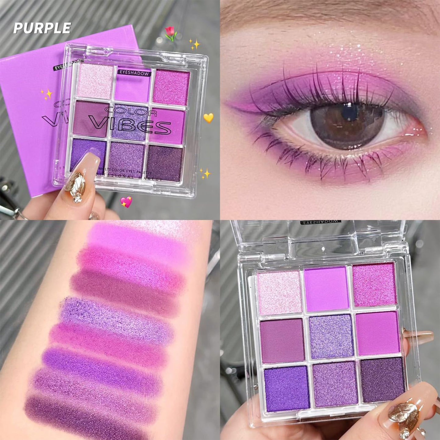 SHEBEEDO Matte Pearlescent Purple Eyeshadow Palette 9 Eyeshadow Shades, Shimmering Pale Purple Makeup Set, Waterproof, Long Lasting Intense Colour, Mixable Pressed Pigment Eyeshadows, Gift for Girls, Women