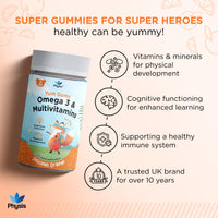 Physis Kids Multivitamin Omega Gummies | Ages 2+ | 30 Orange Flavour Chewable with Vitamins C, D, Omega 3 & More | Kids Vitamins Chewies for Cognition, Energy & Growth | Children's Multivitamins