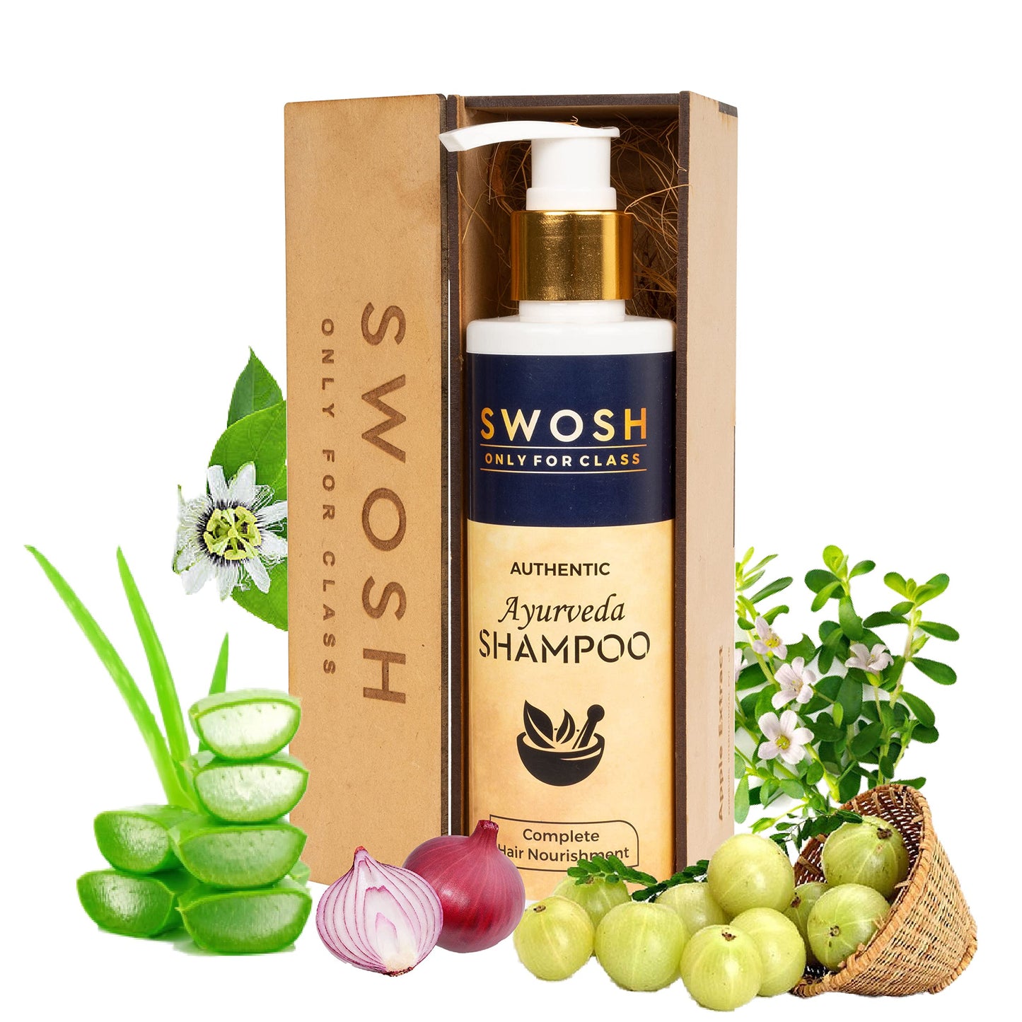 SWOSH Ayurvedic Shampoo for Hair Fall Control and Hair Growth Made With Goodness Of Amla, Onion, Brami, Alove vera, Bhringraj Extract with 15 Ayurvedic Herbs| All Hair Types |200 ml (Pack of 1)