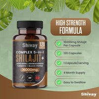 Shilajit 16000mg Complex 5 in 1 with Ashwagandha + Lions Mane | 120 Vegan Capsules - 4 Month Supply | High Strength Pure Himalayan Shilajit | Rich in Fulvic Acid | Made in UK by Shivay Herbals