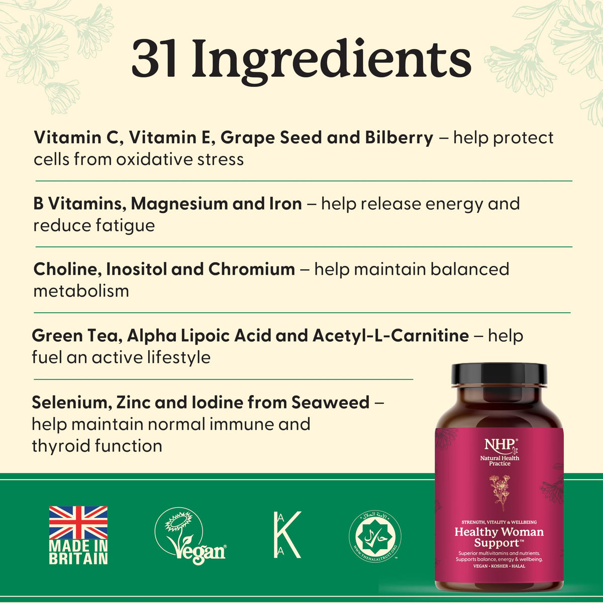 NHP The Natural Health Practice NHP Advanced Healthy Woman Support – Complete Multivitamin & Mineral Formula for Women’s Health, Energy, Vitality & Immunity – 30+ Active Nutrients for Wellness & Hormonal Balance – 60 Vegan Capsules