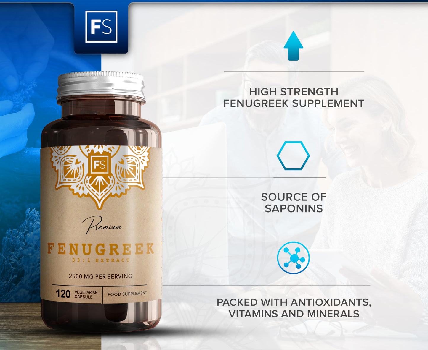 Focus FS Fenugreek | 120 High Strength Fenugreek Capsules - 2500mg (from 33:1 Extract) per Serving | Fenagreek Supplement | Non-GMO, Gluten & Allergen Free | Made in The UK
