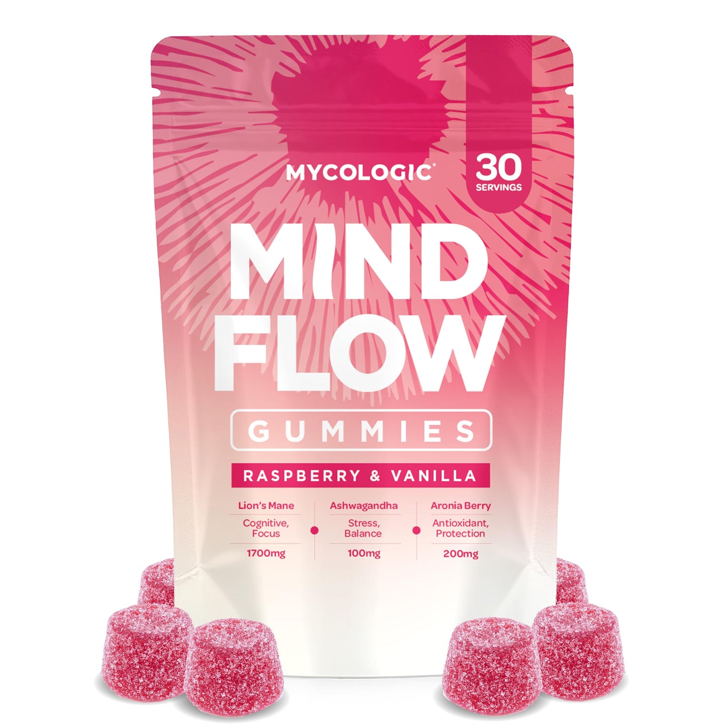 MYCO LOGIC Mycologic Mind Flow Lion's Mane Gummies for Adults, 30 Servings - Natural Clarity & Focus Gummies with Ashwagandha & Aronia Berry - Raspberry & Vanilla Flavour Brain Boost Supplement - 1 Month Supply