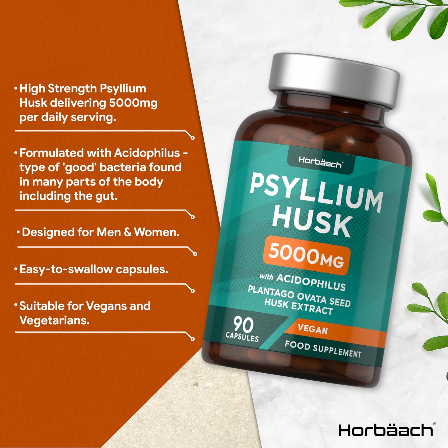 Psyllium Husks Capsules with Probiotic 5000mg | Fibre Supplement with Acidophilus Probiotic 2 Million CFU | Plantago Ovata Natural Extract | 90 Vegan Capsules | by Horbaach