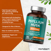 Psyllium Husks Capsules with Probiotic 5000mg | Fibre Supplement with Acidophilus Probiotic 2 Million CFU | Plantago Ovata Natural Extract | 90 Vegan Capsules | by Horbaach