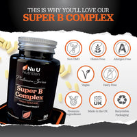 Super Vitamin B Complex - High Absorption Methylated B Vitamins with VIT C - 90 Timed Release Vegan Tablets - 3 Month Supply - B1, B2, B3, B5, B6, B8, B9 & B12 - Made in The UK - Nu U Nutrition