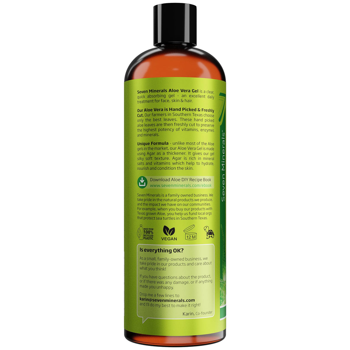 Seven Minerals Organic Aloe Vera Gel with 100% Pure Aloe from Freshly Cut Aloe - NO ACRYLATES & CROSSPOLYMERS, so it absorbs Rapidly with No Sticky Residue - Big 355 ml / 12 fl oz