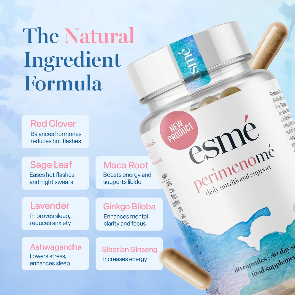 Esme Menopause Supplements Perimenopause Supplements 1 Month Supply - Daily Support for The Early Stage of Menopause – 60 Capsules - Includes Ashwagandha, Vitamins and Red Clover