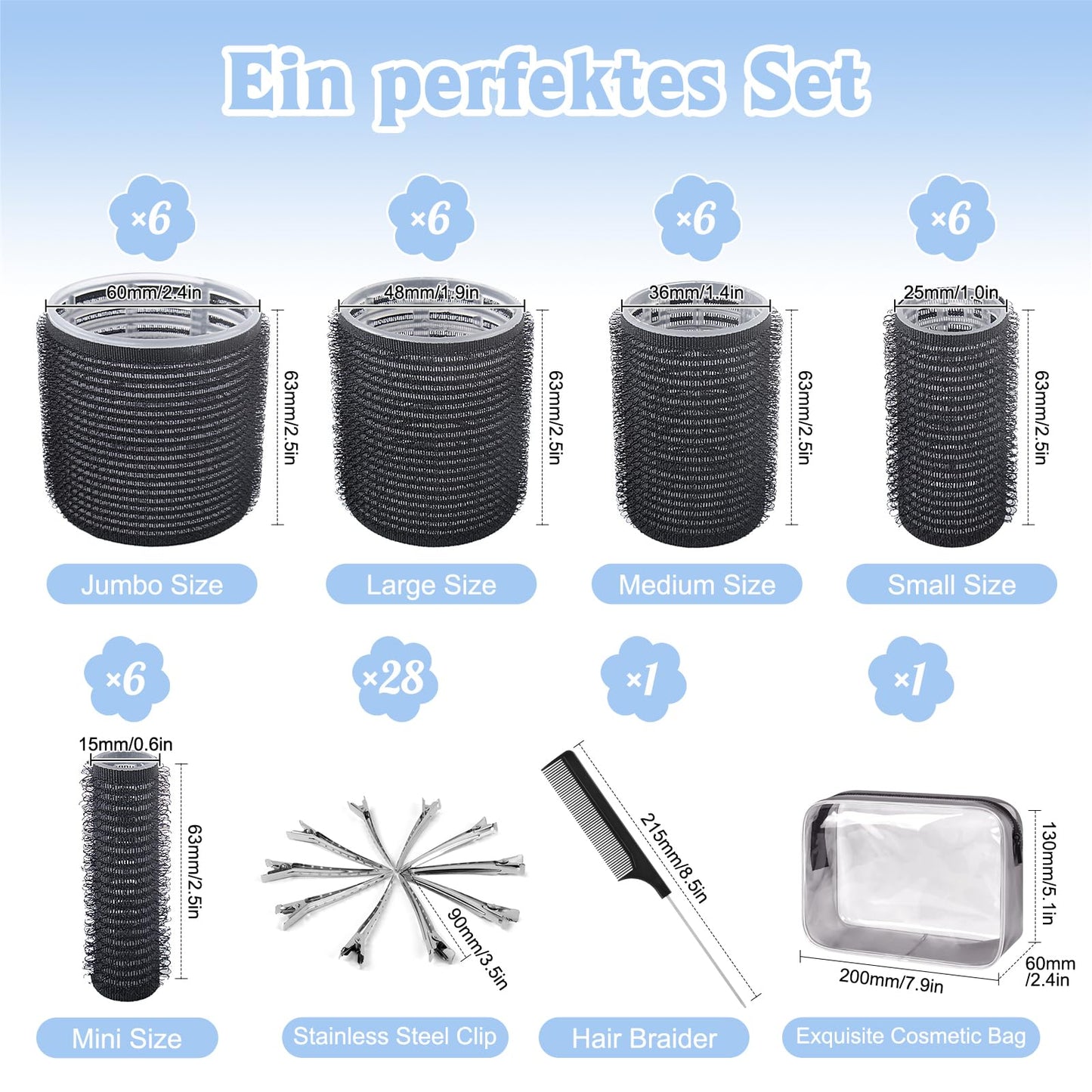 BELICOO 60 PCS Hair Rollers with Clips, 5 Sizes(60/48/36/25/15mm) Hair Curlers Rollers with 28 Metal Clips, Perfect for Long Medium Short Thick Hair (Black)