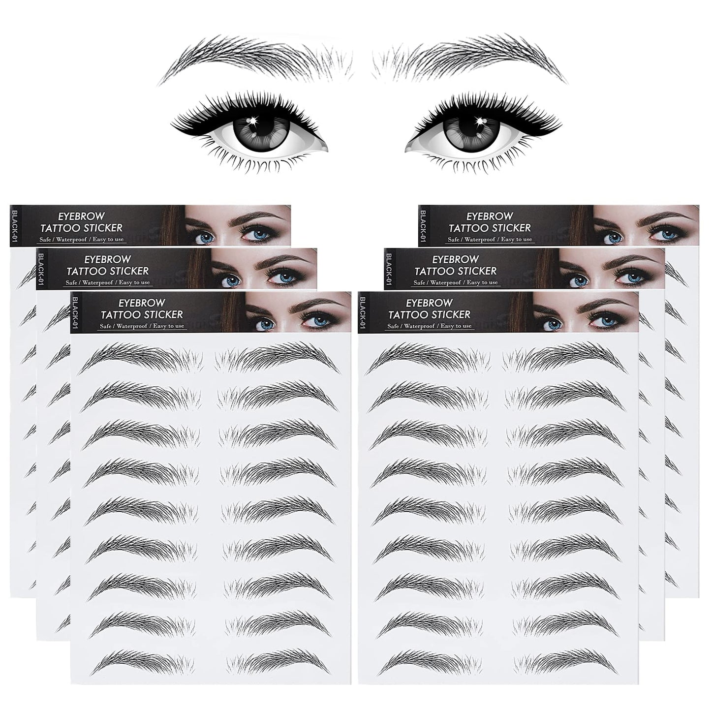 Sibba 6 Sheets Eyebrow Tattoo Eyebrows Sticker Temporary Eyes Brows Practice Tint Transfer Color Set Peel Off Eyeshadow Dye Waterproof Kit Sheets For Beginners Women (Black)