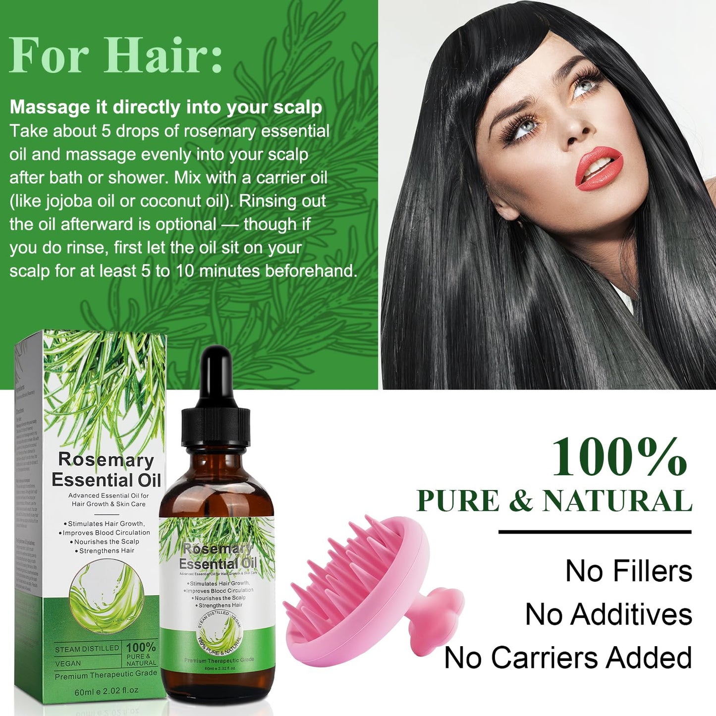 JCZQDRPC Organic Rosemary Oil for Hair Growth with Scalp Massager, 60ml Natural Organic Rosemary Essentia Oil, Pure Essential Oil for Skin & Hair Care, Hair Loss Treatment for Hair