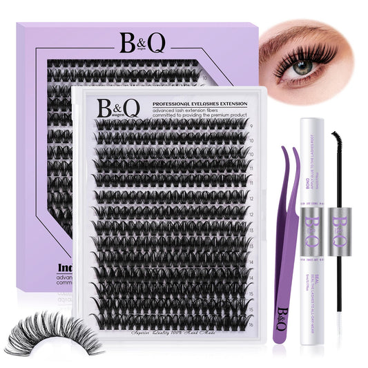BelleQiana B&Q Wispy Cluster Lashes Kit 280PCS D Curl 40D Mixed 9-16mm Natural Eyelash Clusters with Bond & Seal Lash Glue, Tweezers, Reusable DIY Extensions for Beginners
