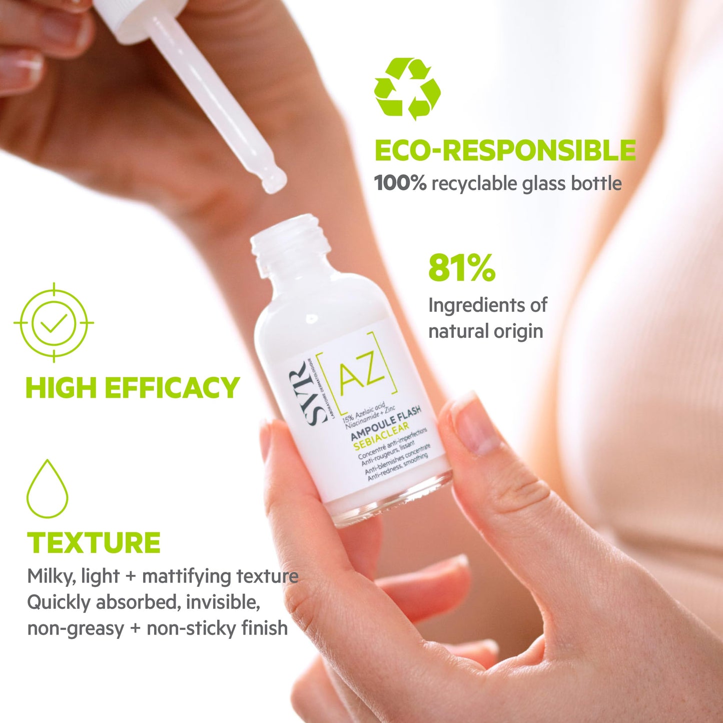 SVR SEBIACLEAR Ampoule Flash 15% Azelaic Acid Serum, Retexturises Acne-prone, Oily, Combination Skin. 8% Omega Ceramides + 5% Niacinamide, 30ml