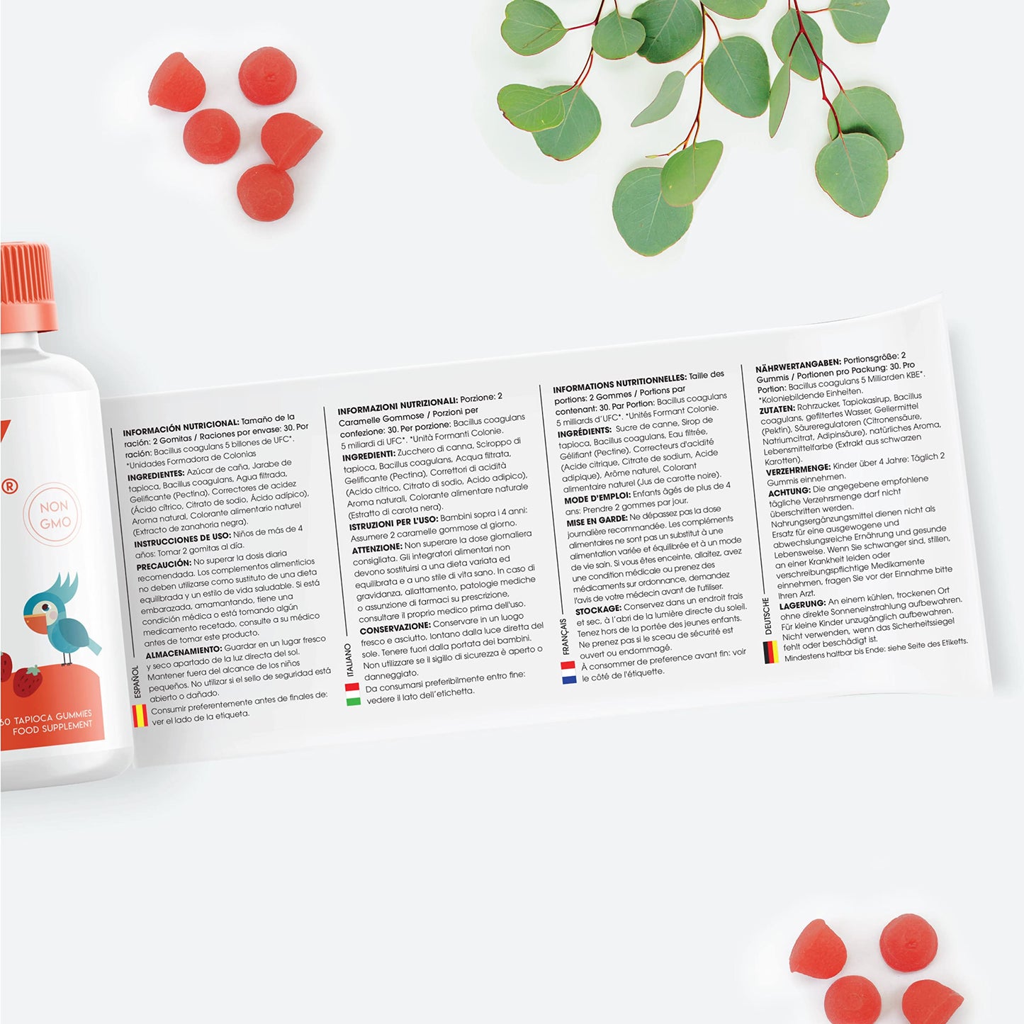 Kids Probiotics Tapioca Gummies - 5B CFU Bacillus Coagulans Live Bacterial Cultures Per Serving - Non-GMO, Halal, Age 4+, Strawberry Flavour - 60 Vegan Gummies.