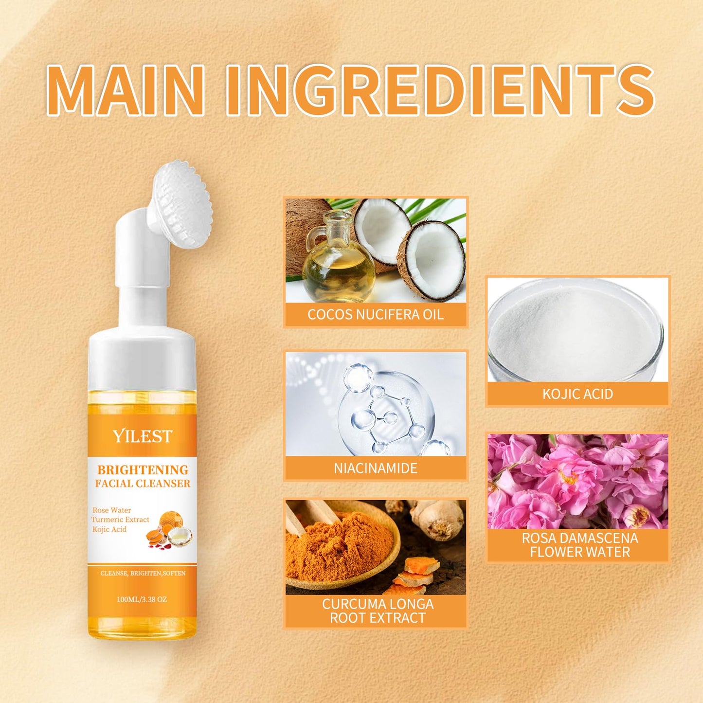 Tpyag Turmeric Facial Cleanser,100ml Face Cleanser,Soothing Cleansing Foam, Turmeric & Kojic Acid Foaming Brightening Facial Cleanser, Turmeric Cleansing Foam for All Skin Types
