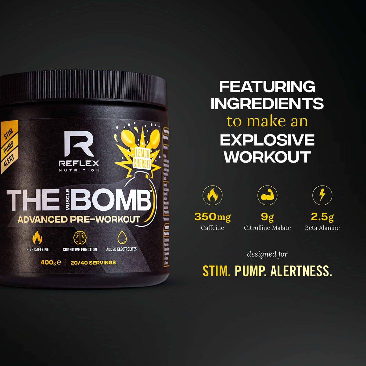 Reflex Nutrition Pre Workout The Muscle Bomb 350mg Caffeine 9g Citrulline Malate 2.5g Beta Alanine Added Hydration Electrolytes (Sherbet Lemon, 400g)