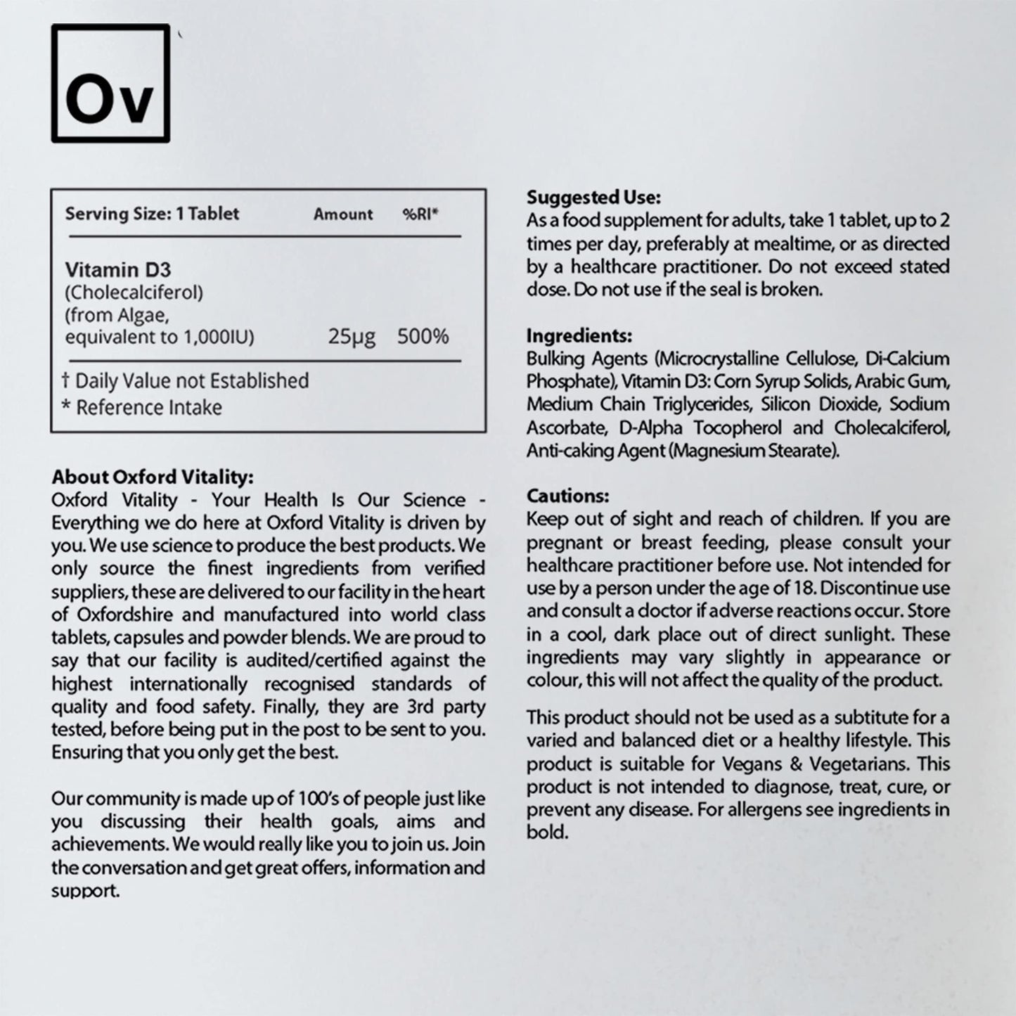 Ov Oxford Vitality Vegan Vitamin D3 (365)