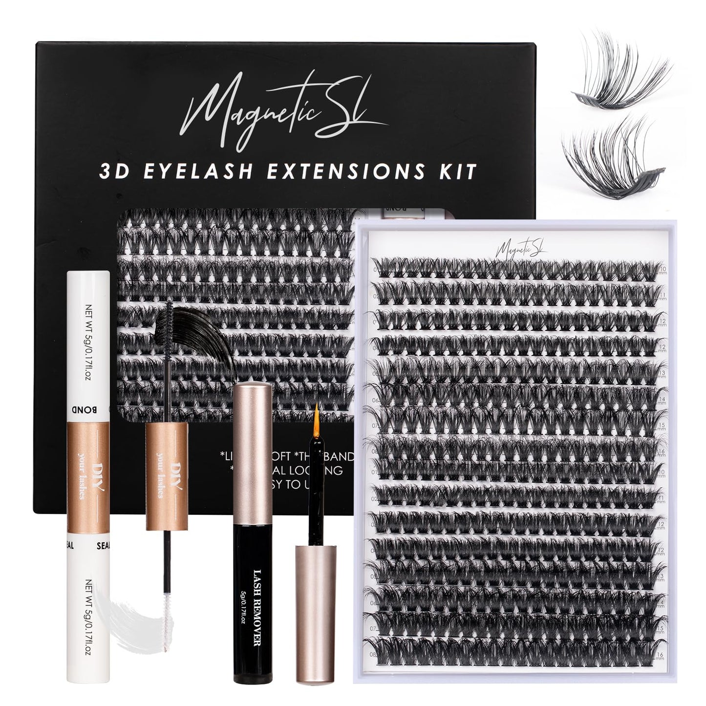 Magnetic SL Individual-Lashes 320PCS 60D+80D DIY Lash Extension Kit with Bond and Seal 10-16mm MIX Fluffy False Eyelashes with Glue and Eyelash Applicator, Look Like Eyelash Extension at Home(60D+80D-0.07D)