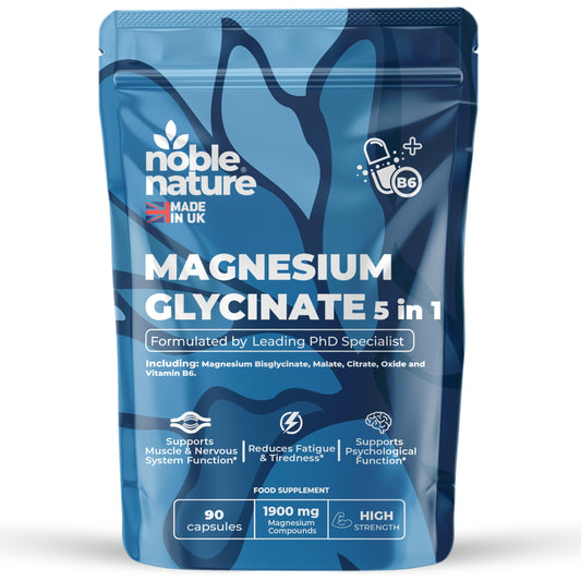 NobleNature Magnesium Glycinate 5-in-1 Complex Formulated by PhD Expert High Strength 1900mg Supplements as Bisglycinate, Malate, Citrate, Oxide & Vitamin B6-90 GMO Free Capsules, 384mg Elemental, UK Made (90)