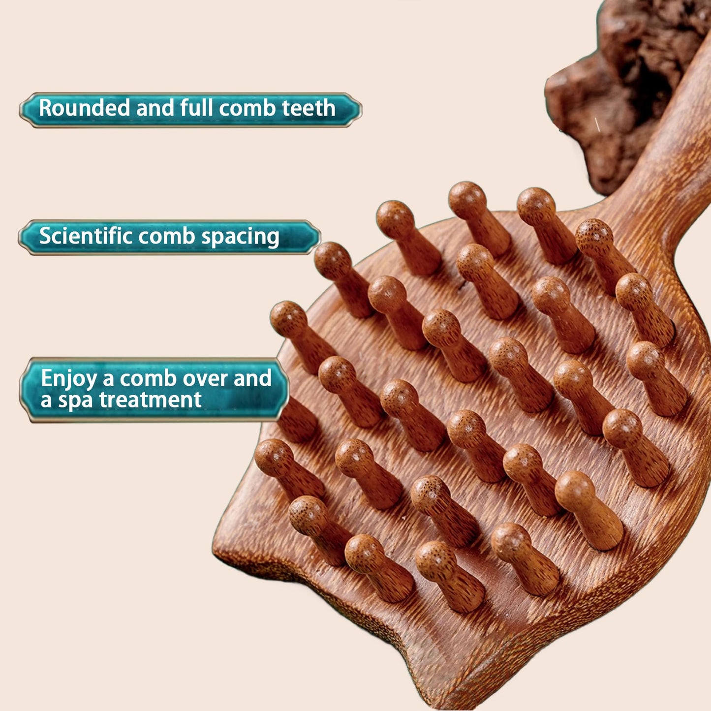 FTA&ATF Wooden massage comb, Sandalwood Massage Gua Sha Comb,wide teeth, smooth, A handheld massage comb in the shape of a kitten