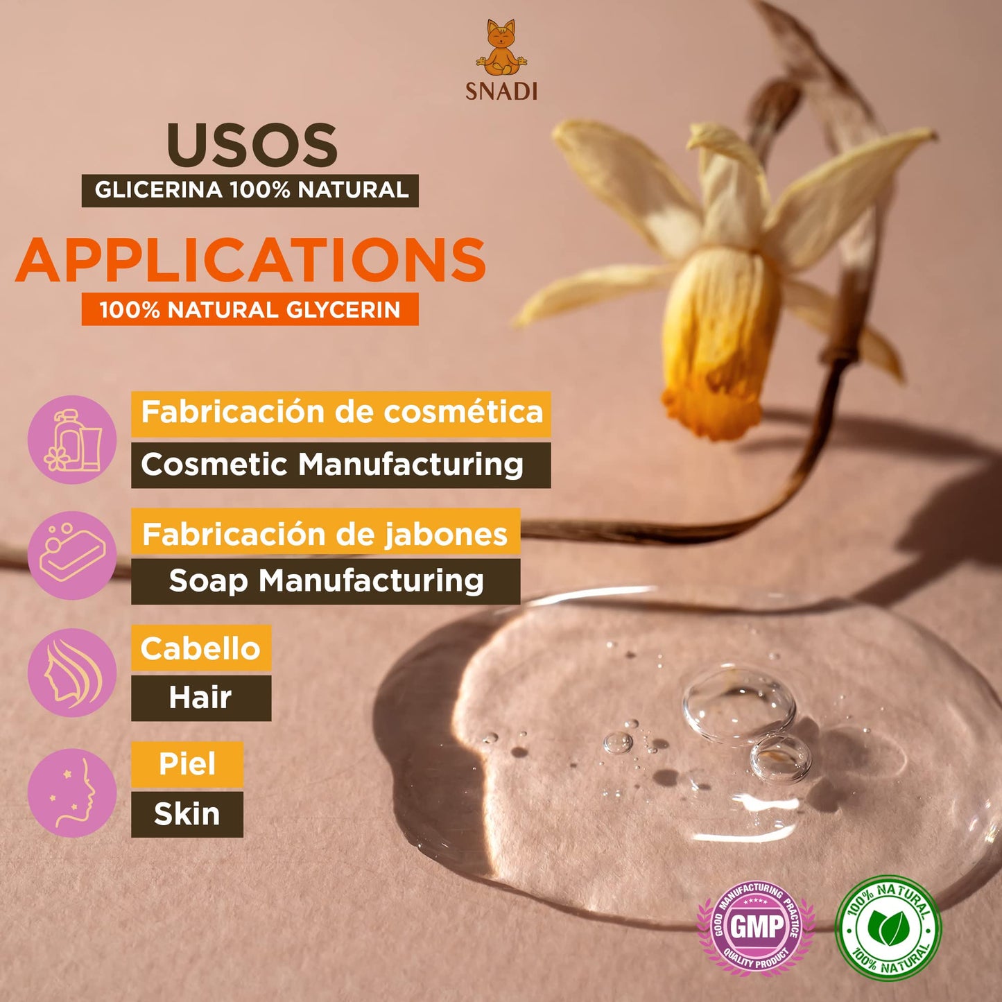 Snadi 500 ml - Oral and Cosmetic Glycerine (USP), Purity +98% (Vegetal Glycerine). Edible Glycerine, Cosmetic, Skin, Hair. Natural Glycerine.