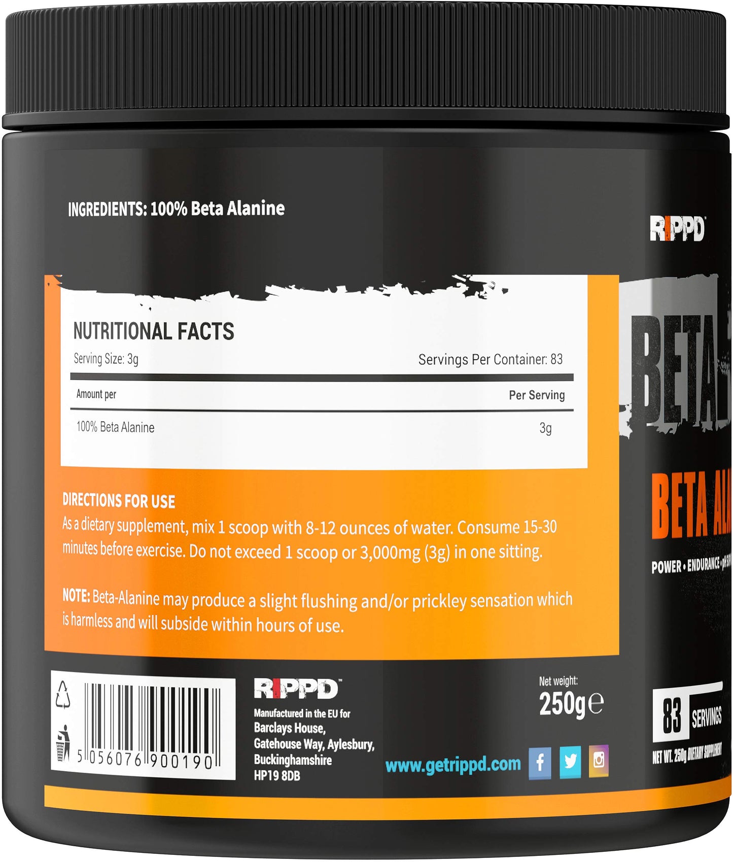 RIPPD BETARIPPD Beta Alanine 250g Powder Preworkout – Muscle Strength – Endurance Booster
