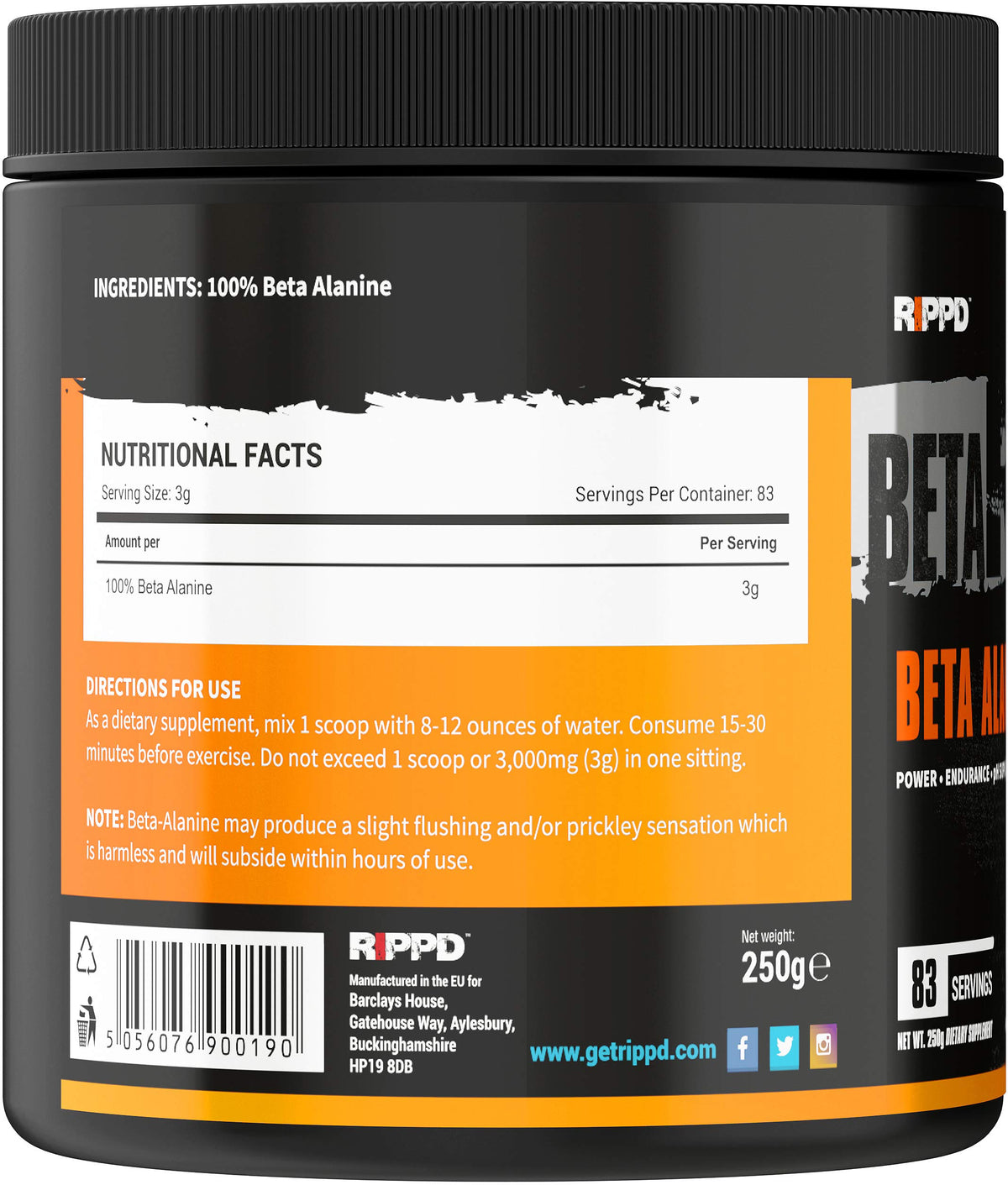 RIPPD BETARIPPD Beta Alanine 250g Powder Preworkout – Muscle Strength – Endurance Booster