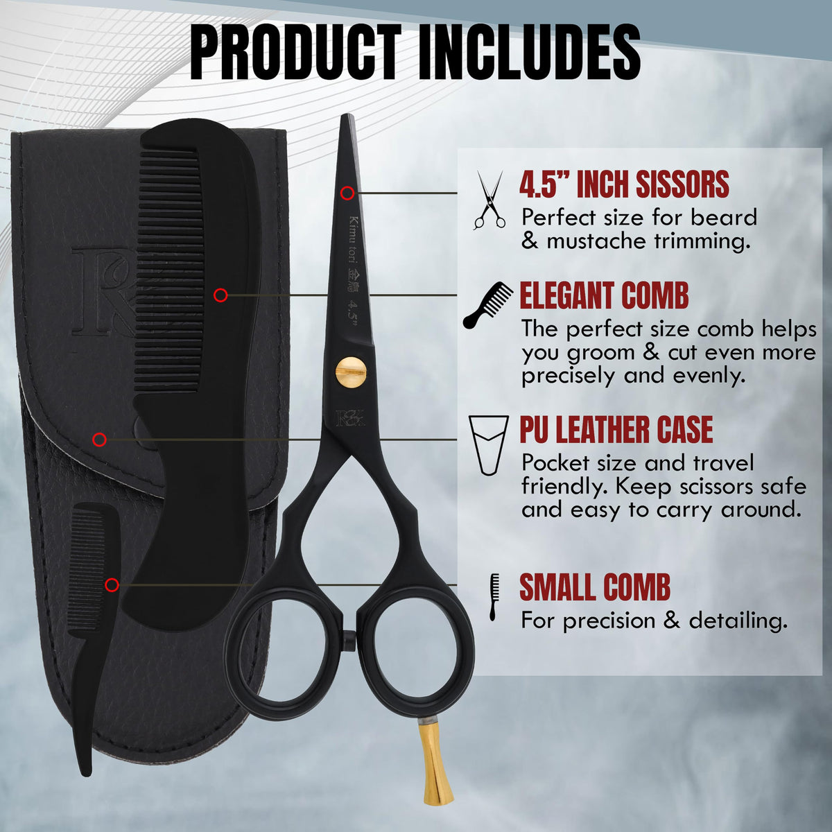Hoof n Paw 4.5" RnK Moustache & Beard Scissors - 4.5 inch Japanese Stainless Steel Moustache Scissors with Moustache Comb & Pouch, Precision Grooming Tools for Men Featuring Razer Sharp Hand honned Edge