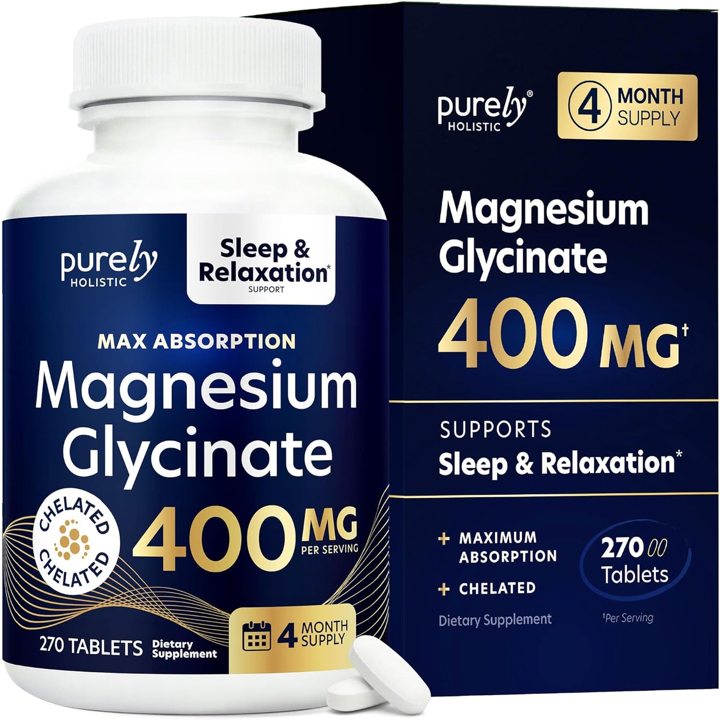 Purely Holistic Magnesium Glycinate 400mg - 270 Magnesium Tablets - for Improved Sleep, Stress Relief & Cramp Defense