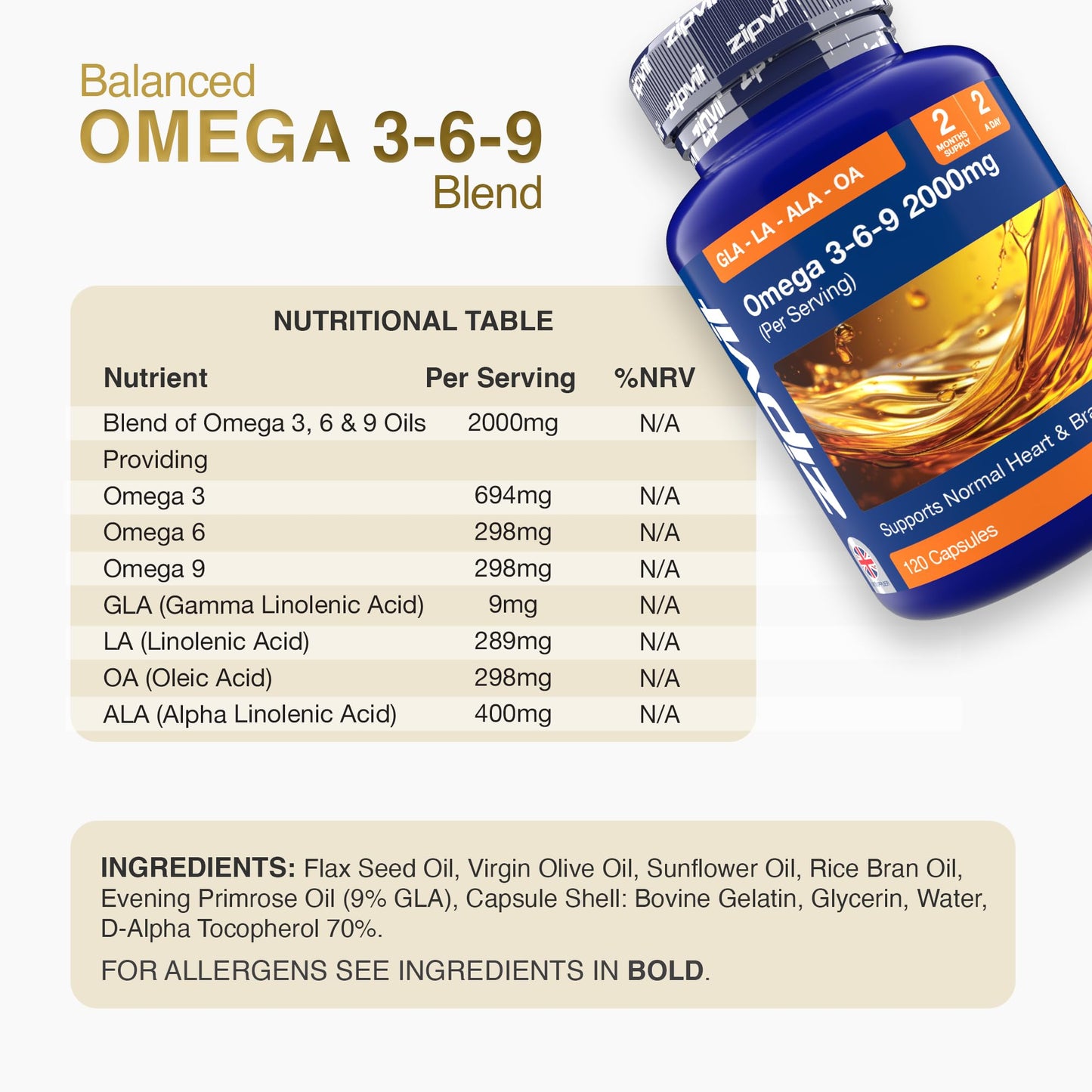 Zipvit Omega 3 6 & 9 Oil 2000mg, 120 Softgels. Source of Alpha-Linolenic Acid. Supports Maintenance of Normal Blood Cholesterol