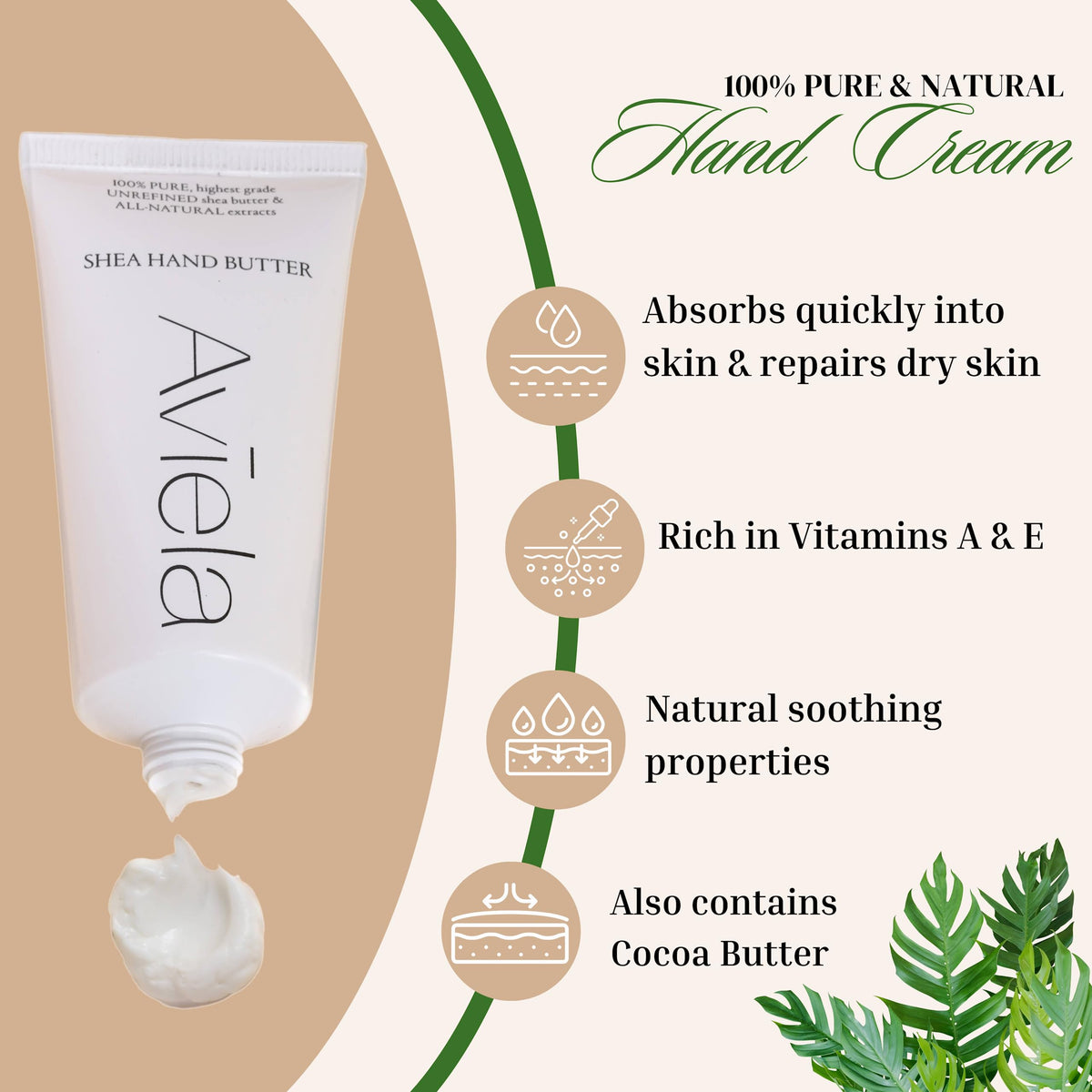 Aviela Shea Butter Hand Cream For Very Dry Hands, Moisturising & Intensely Nourishing, Vegan & Cruelty Free, 100% Natural African Shea Butter Moisturiser, 50ml