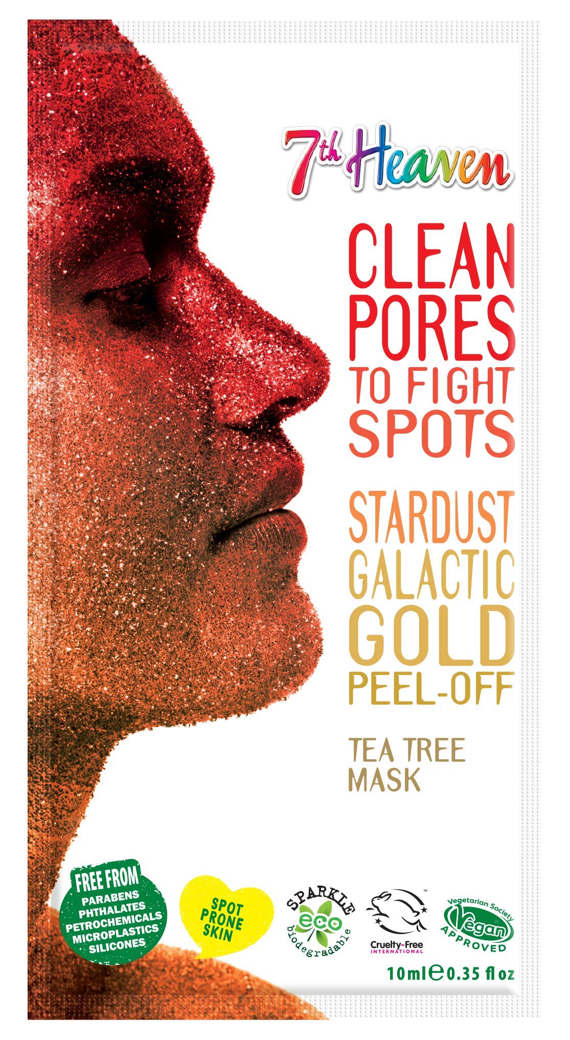 7th Heaven Clean Pores Radiant Skin, Stardust Galactic Gold Peel-Off Mask, With The Infusion of witch hazel, willow herb, tea tree and a sprinkle of biodegradable glitter, 10g