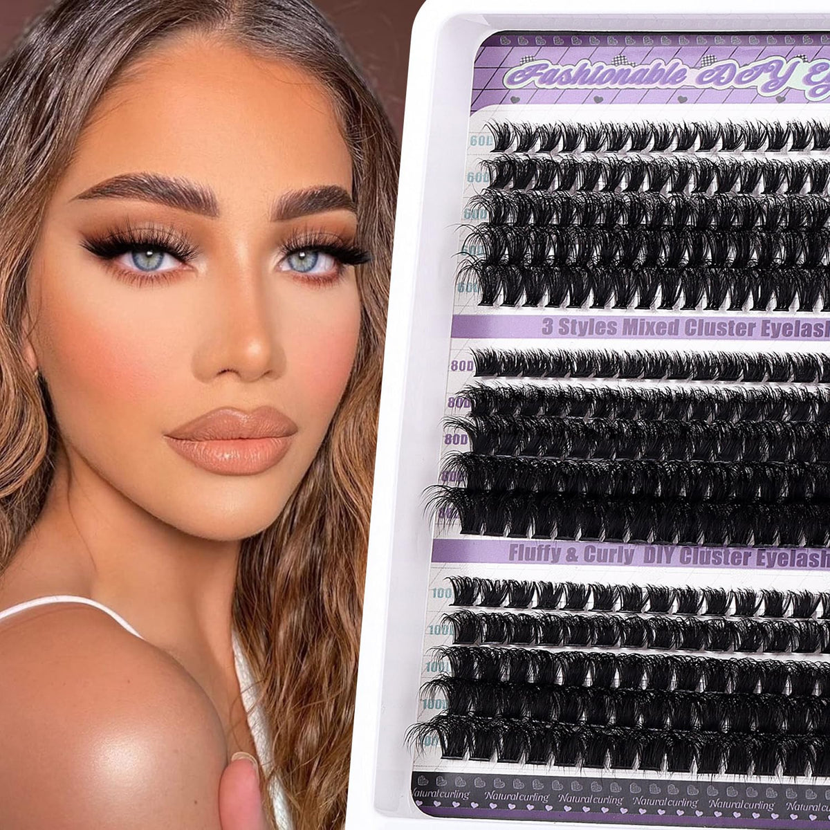 LYMYBETY Fluffy Individual Eyelashes Kit 270Pcs D Curl Cluster Lashes 10-18mm DIY Lash Extension kit Russian Individual Eyelashes with Lash Bond and Seal,Tweezers for Beginners(60+80+100 KIT, 10-18mm)