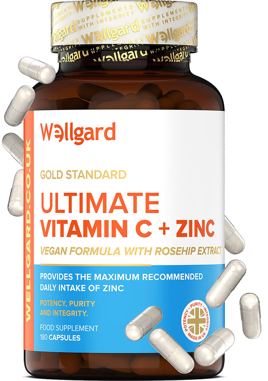 Wellgard Vegan Vitamin C and Zinc - Maximum Recommended Daily Intake of Zinc, Made in UK