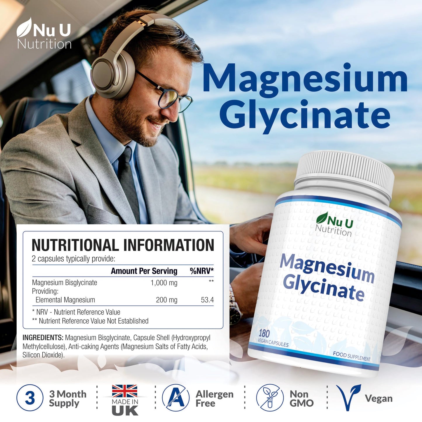 Magnesium Glycinate Supplements 1000mg (Bisglycinate) - 180 High Strength Vegan Capsules - 3 Month Supply - Providing 200mg of Elemental Magnesium - Nu U Nutrition