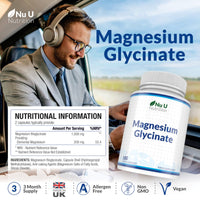 Magnesium Glycinate Supplements 1000mg (Bisglycinate) - 180 High Strength Vegan Capsules - 3 Month Supply - Providing 200mg of Elemental Magnesium - Nu U Nutrition