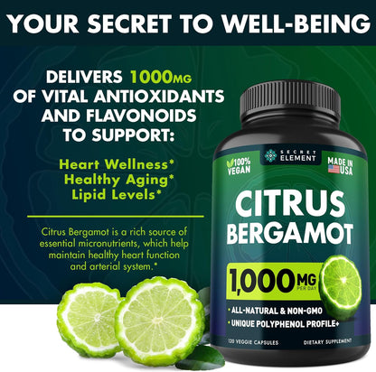 Secret Element Citrus Bergamot Extract 1000mg - Organic Citrus Bergamot Supplement for Heart, Immune System Support, and Healthy Aging - Pure, Vegan Bergamot Capsules