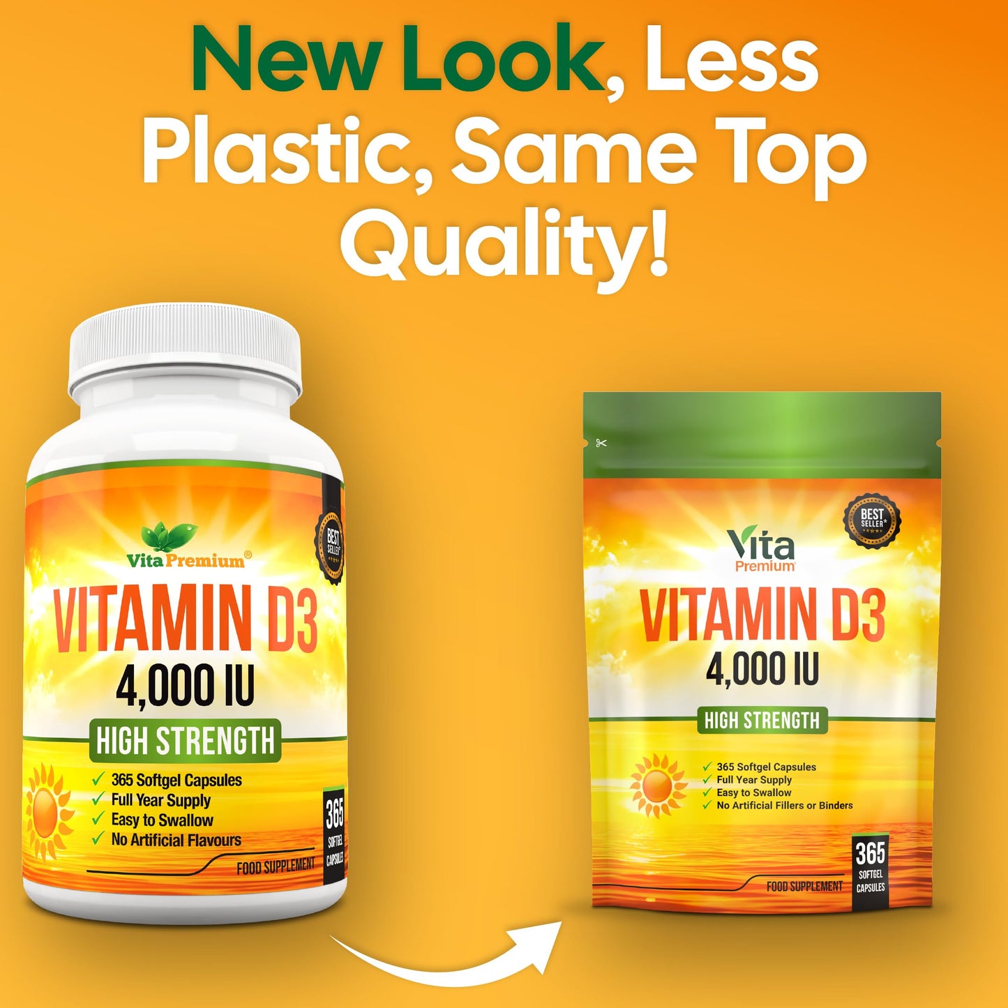 VitaPremium Vitamin D 4,000 IU Gel Capsules, High Strength Vitamin D3 Supplement, 365 Easy to Swallow Tablets - Full Year Supply