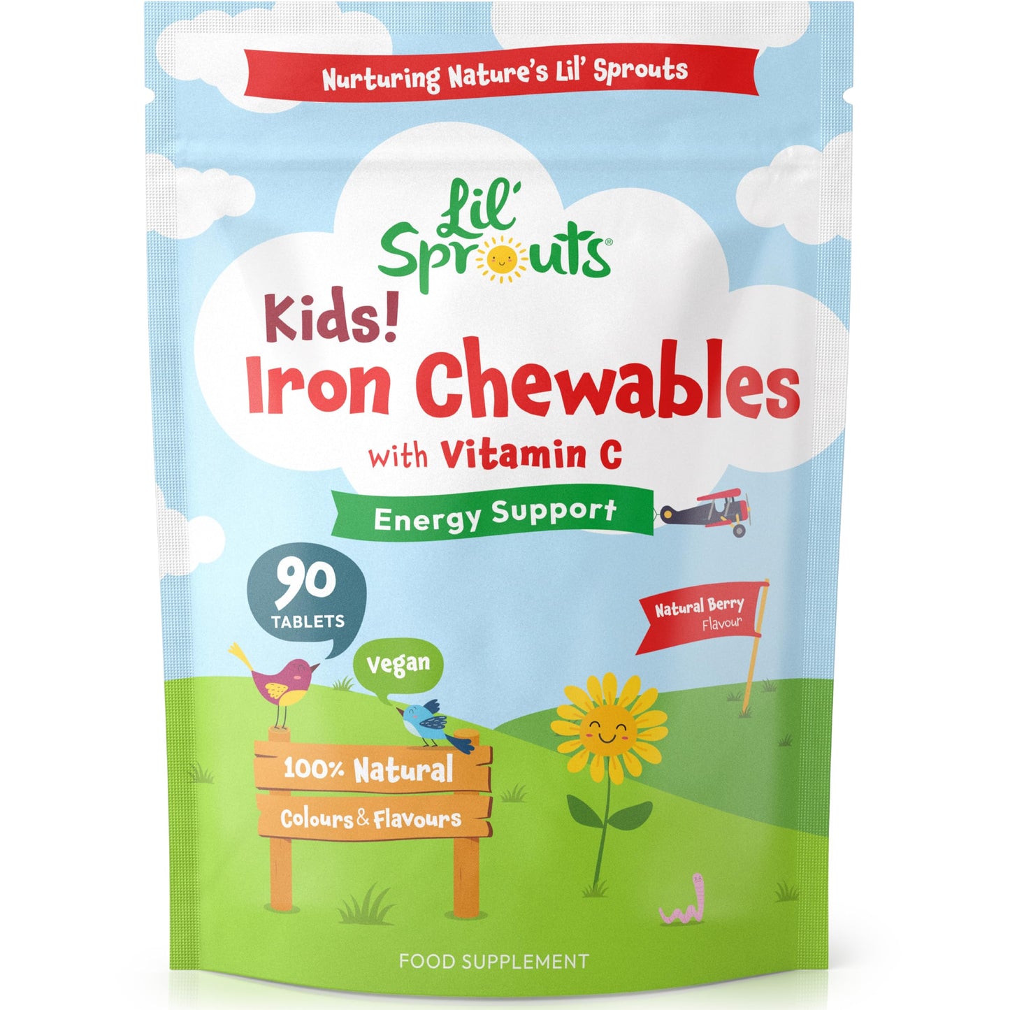 Iron Tablets for Kids with Vitamin C | 90 Chewable Tablets (3 Months Supply) | Natural Berry Flavour | Vegan Iron Supplement for Kids | by Lil' Sprouts
