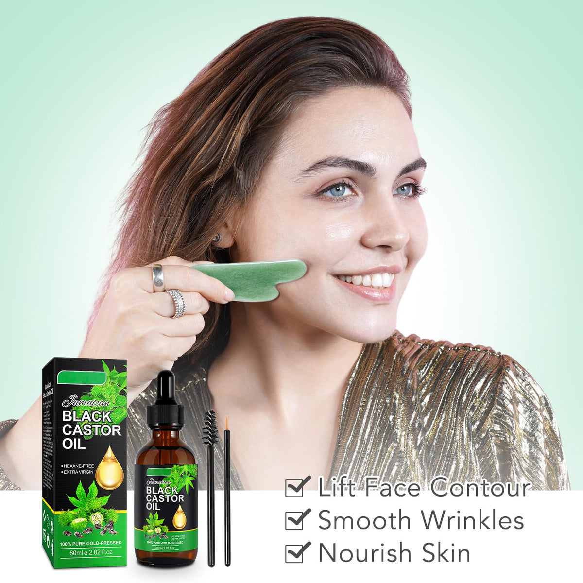 HXTMKT Jamaican Black Castor Oil Pack, Organic Castor Oil with Gua Sha Tool for Face Body Massage, Cold-Pressed Castor Body Oil Moisturize Skin Stimulate Hair Regrowth, Therapeutic Grade Massage Oil Kit 60ml