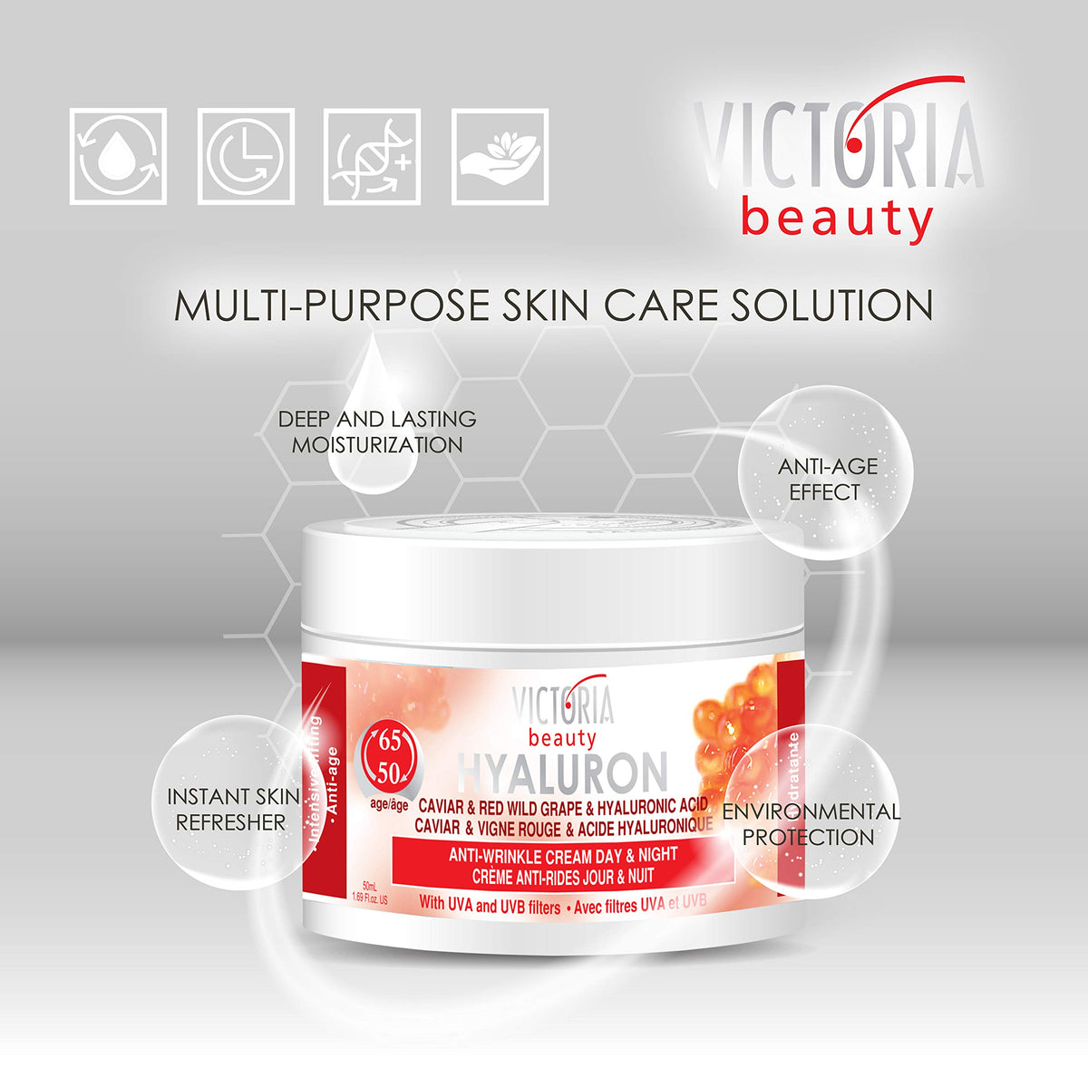 Victoria Beauty Face Cream for Mature Skin (Age 50-65) - Day and Night Anti-Aging Anti Wrinkle Moisturiser with Hyaluronic Acid, Retinol, Vitamin E and Caviar - UVA/UVB Filter,50ml