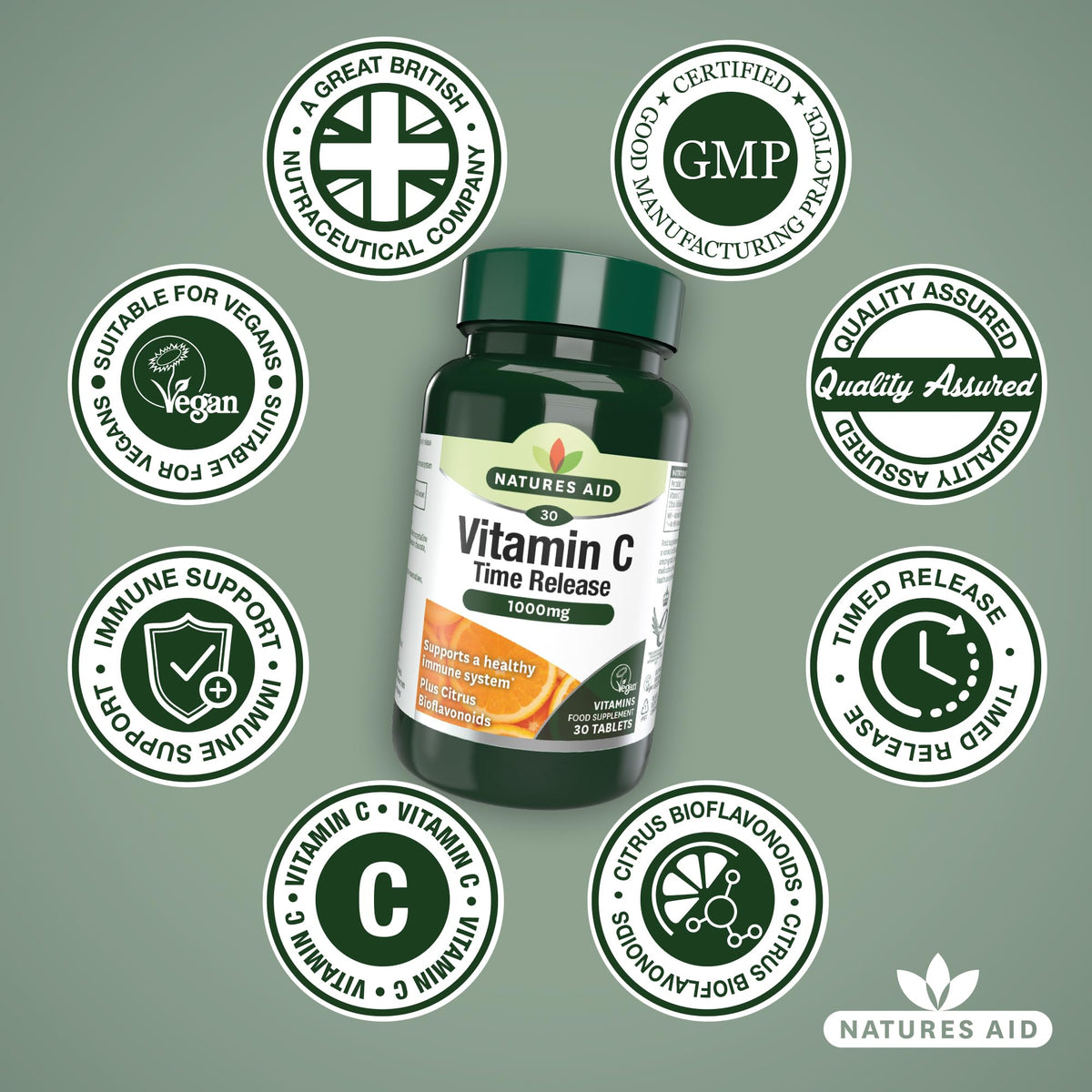 Natures Aid Vitamin C 1000mg Time Release - High Strength with Bioflavonoids - Supports Immunity, Bones & Heart - Antioxidant - Vegan, Gluten-Free, Non-GMO Supplement – 30 Tablets
