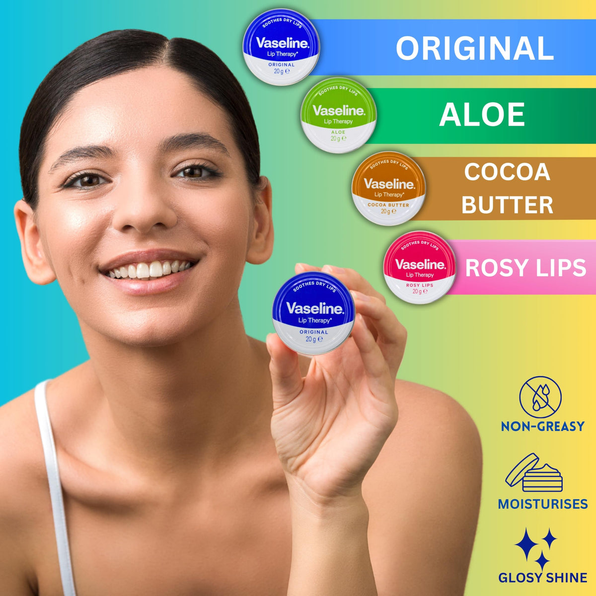 Lip Balm Bundle with Lip Therapy 4 x 20g (Original, Rosy Lips, Cocoa Butter, Aloe) Lip Balm Set and 1 x Hand Cream 75g with Glameno Drawstring Organza Bag