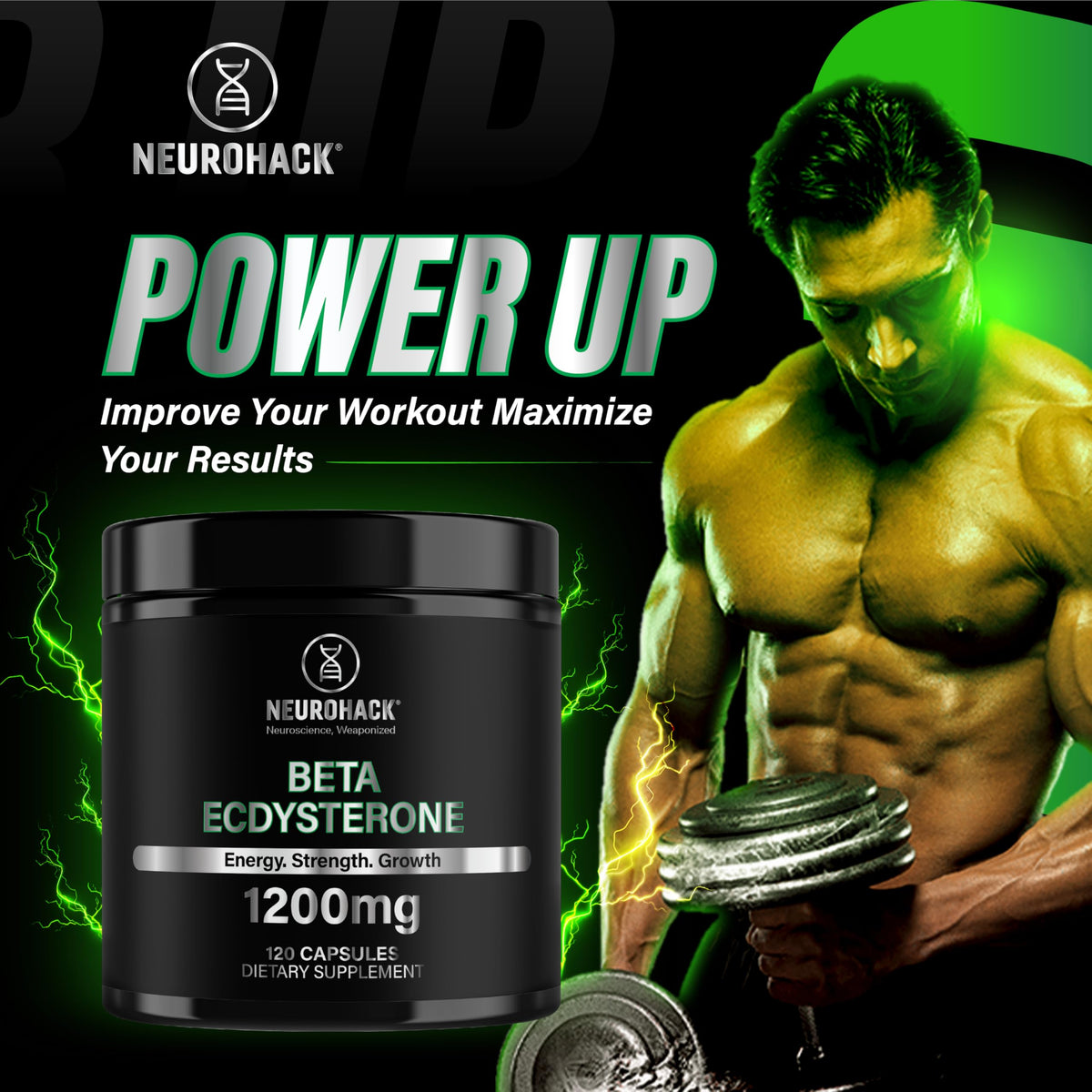 NEUROHACK Beta Ecdysterone 1200mg - 120 Capsules 2 Months Supply | 98% Maximum Purity Ecdysterone for Lean Muscle Growth, Strength & Performance (Tested by Eurofins USA)